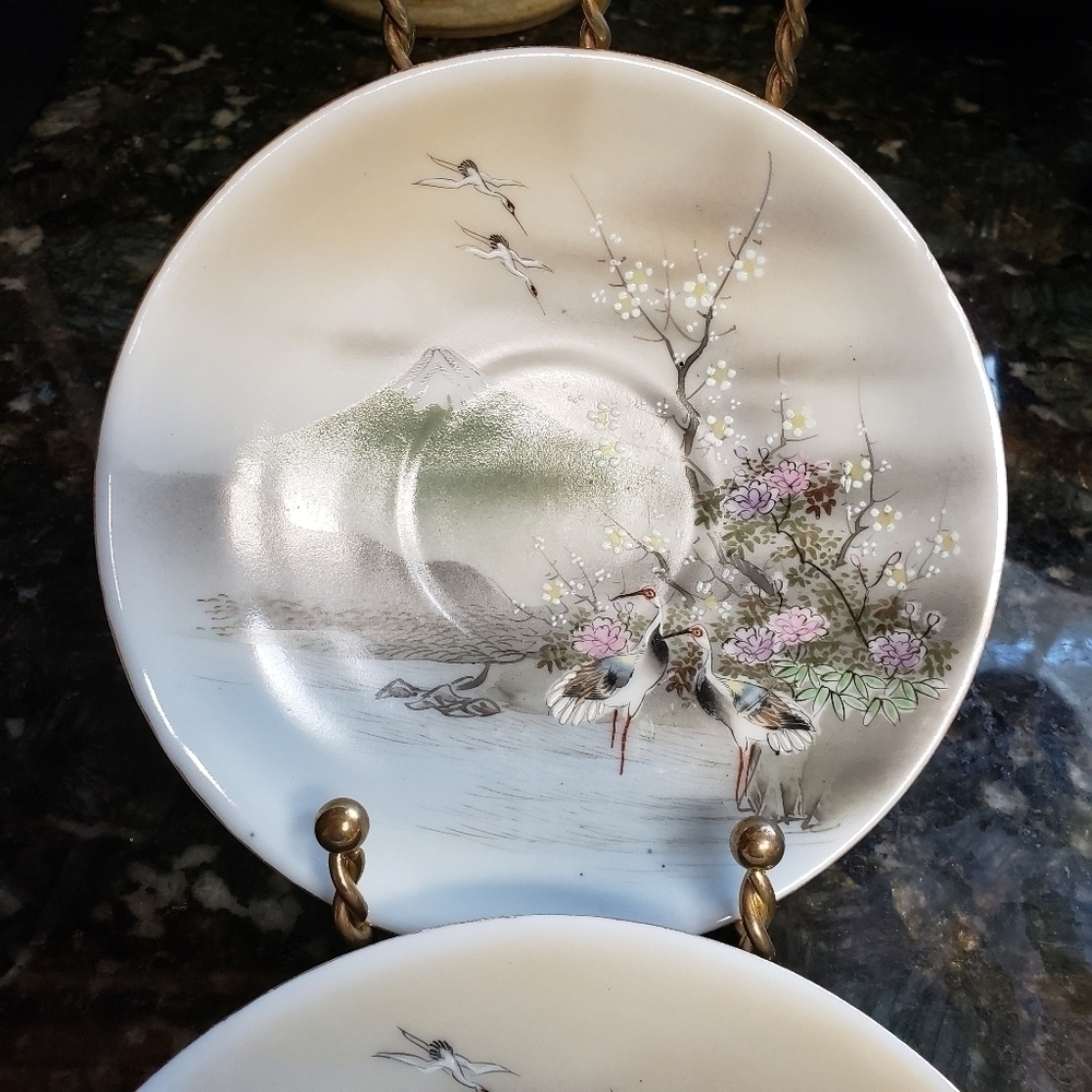 vintage Japanese Saucer Set Hand Painted Birds Cherry Blossom Moriage - Picture 3 of 8